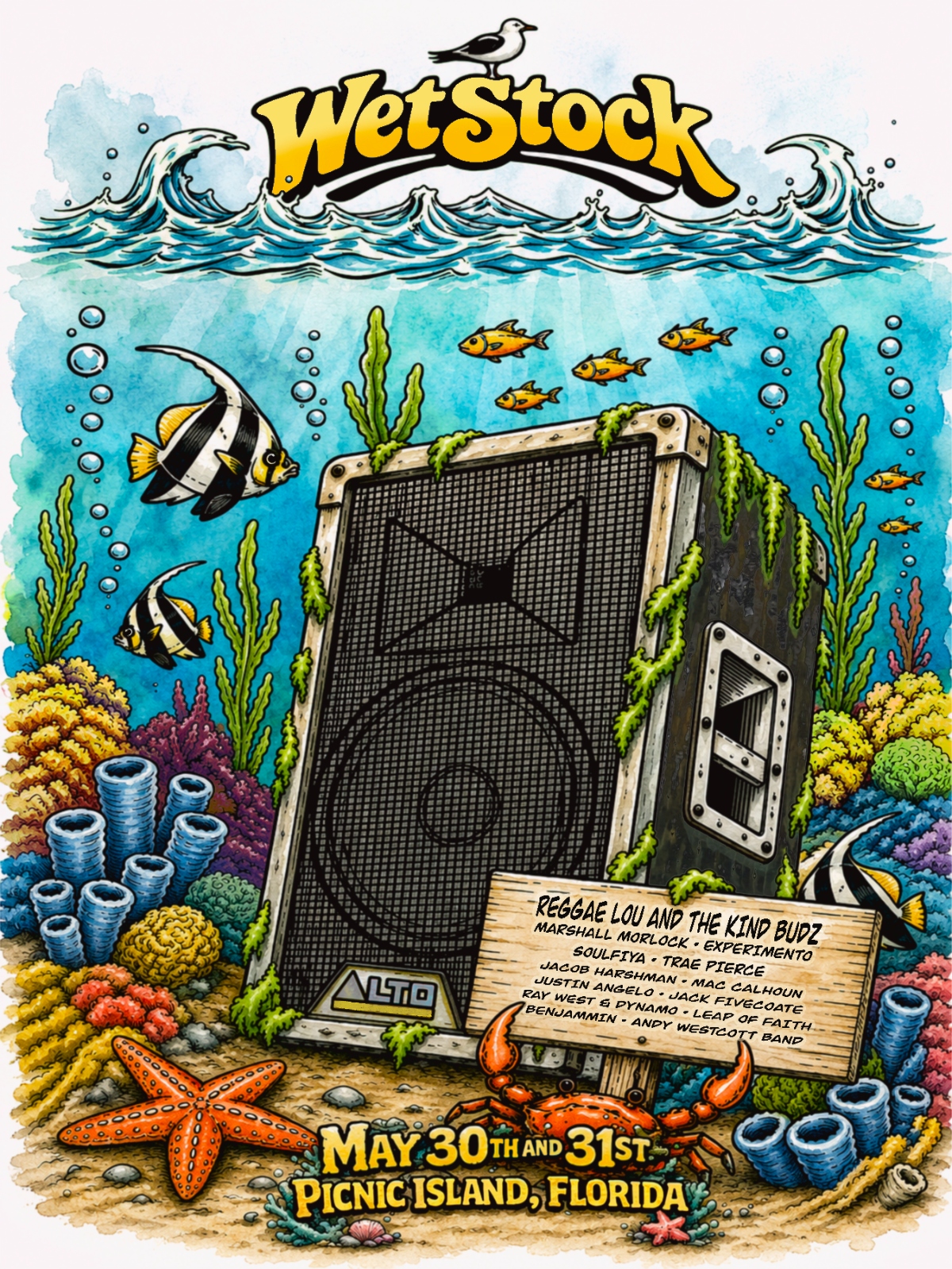 Wetstock 2026 festival poster — underwater speaker surrounded by coral and sea life